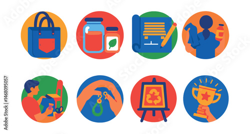Flat vector icons of practicing home upcycling: turning old clothes into bags badge, reusing glass jars badge, creating pallet furniture planner, hosting upcycling DIY workshops badge, restoring old