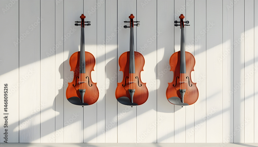 Fototapeta premium violins and their bows are positioned on a white wooden background, accompanied by copy space