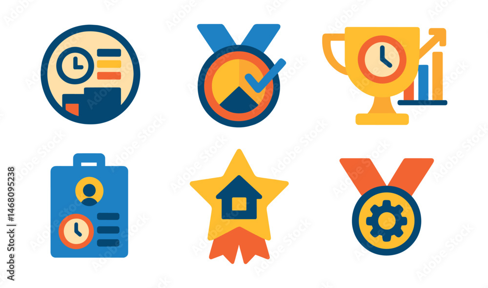 Flat vector icons of productivity and time tracking analytics: time log dashboard badge, task efficiency analysis medal, project time allocation trophy, workday productivity graph ribbon, employee Flat vector icons of productivity and time tracking analytics: time log dashboard badge, task efficiency analysis medal, project time allocation trophy, workday productivity graph ribbon, employee
