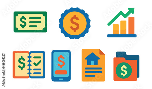 Flat vector icons of income streams: salary paycheck icon, freelance income badge, passive income chart, side hustle planner, royalties deposit symbol, rental income sheet, dividends earnings badge,