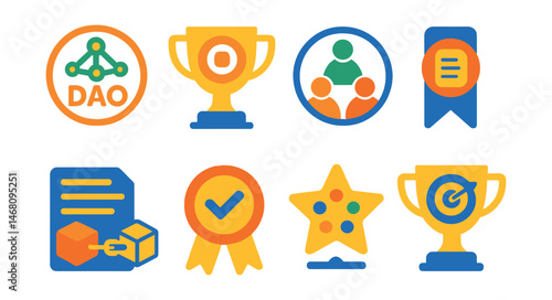 Flat vector icons of DAO basics: DAO organization structure badge, token-based governance trophy, decentralized community model medal, autonomous smart contract ribbon, DAO rules on blockchain icon,