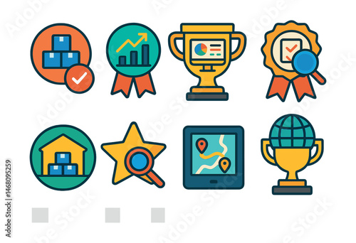 Flat vector icons of logistics and supply chain analytics: inventory turnover rate badge, supply chain efficiency graph medal, shipping performance dashboard trophy, order fulfillment insights ribbon