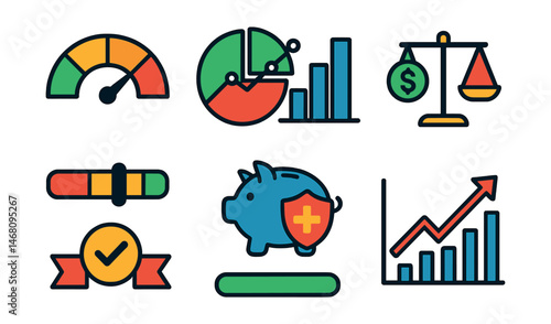 Flat vector icons of financial goal setting: new car savings plan, home down payment goal, vacation fund jar, education savings badge, emergency fund tracker, debt-free milestone badge, passive