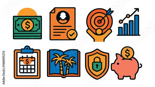 Flat vector icons of retirement planning: retirement savings account, pension plan sheet, early retirement goal, retirement timeline chart, passive income plan, retirement lifestyle planner, future