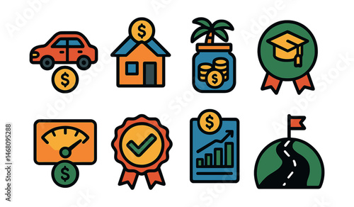 Flat vector icons of financial goal setting: new car savings plan, home down payment goal, vacation fund jar, education savings badge, emergency fund tracker, debt-free milestone badge, passive