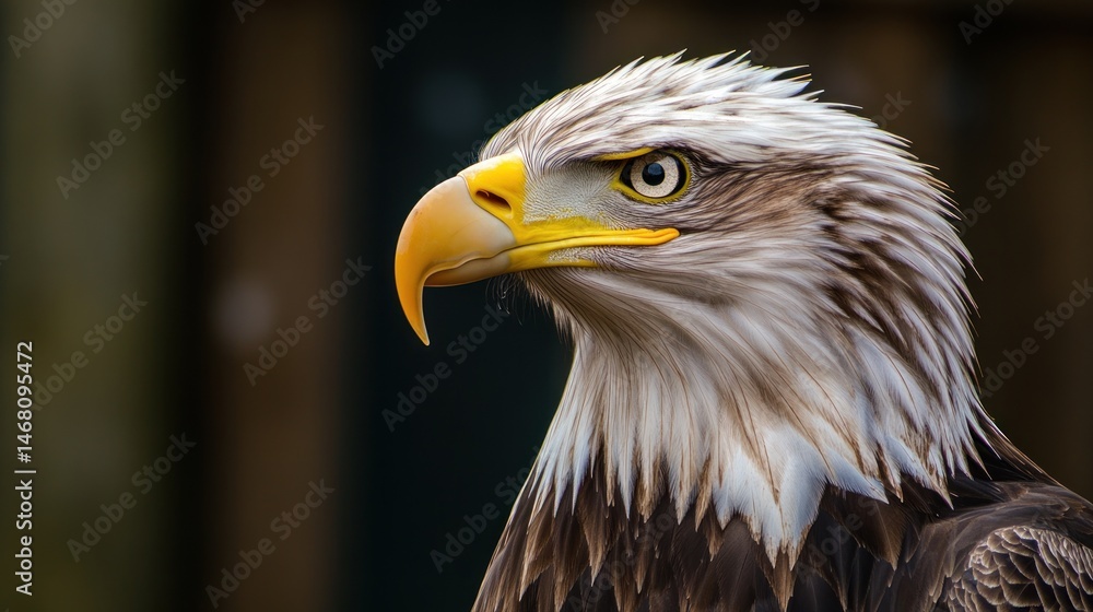 Fototapeta premium Bald Eagle Portrait Majestic Bird with Yellow Beak on Blurred Background
