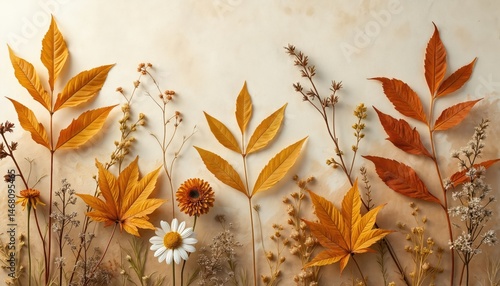 Fototapeta Naklejka Na Ścianę i Meble -  Pressed botanical art with autumn leaves, dried flowers in earthy tones. Earthy color palette with fall foliage, dried herbs create vintage decor. Natural autumn season background for design. Rustic