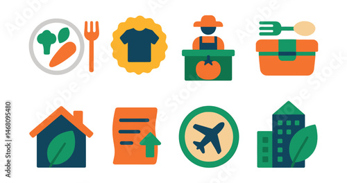 Flat vector icons of sustainable lifestyle choices: plant-based meal plate, secondhand shopping badge, local farmers market, minimal waste lunch kit, eco home upgrades icon, digital receipts symbol,