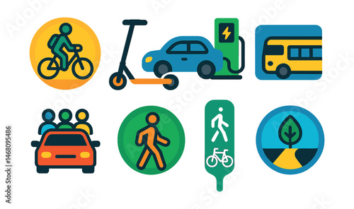 Flat vector icons of sustainable transportation: bicycle commute badge, electric scooter icon, electric car charger, public transport pass, carpool group symbol, pedestrian walking badge, bike lane