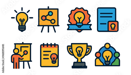 Flat vector icons of brainstorming and creative thinking: light bulb idea symbol, mind map board, innovation badge, idea submission form, creative workshop icon, brainstorming session notes,
