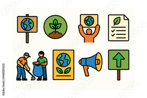 Flat vector icons of environmental activism: save the planet sign, tree planting day badge, protest for climate action icon, eco-friendly petition sheet, volunteer cleanup group, earth day event