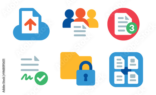 Flat vector icons of document management: cloud document upload, team file sharing icon, version control badge, file organization folder, signed document sheet, secure file access lock, draft vs