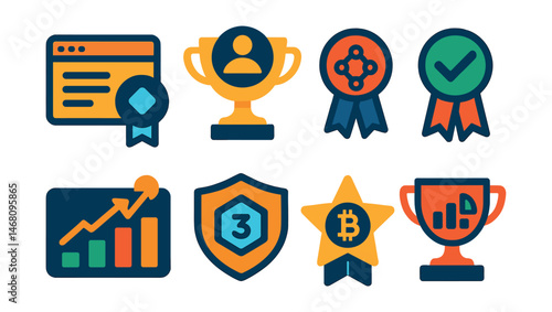 Flat vector icons of Web3 job tools: bounty board viewer badge, on-chain freelancer profile trophy, DAO hiring portal medal, task completion verifier ribbon, contributor reputation graph icon, Web3