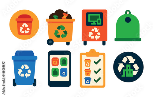 Flat vector icons of waste sorting: recycling bin for plastic badge, organic waste composting bin, e-waste recycling station, glass collection container, paper recycling bin, sorting guide app icon,