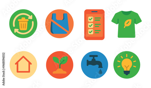 Flat vector icons of sustainable living challenges: 30-day zero waste challenge badge, plastic-free week badge, eco-habit tracker app, sustainable fashion challenge, minimalism lifestyle challenge