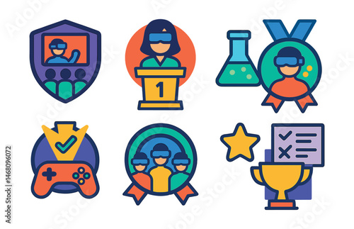Flat vector icons of education in the metaverse: virtual classroom badge, teacher avatar podium trophy, digital whiteboard tool medal, VR science lab ribbon, knowledge quest game icon, study group
