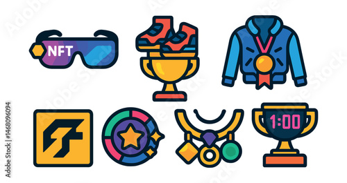 Flat vector icons of avatar accessories and fashion: wearable NFT glasses badge, smart shoes trophy, cyber jacket medal, animated backpack ribbon, digital fashion brand icon, accessory rarity