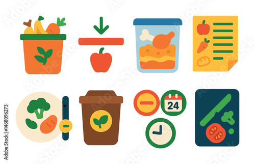 Flat vector icons of food waste prevention: food scrap bin, “use first” shelf label, freezing leftovers, planned grocery list, portion tracker, composting container, storage date icons, zero-waste