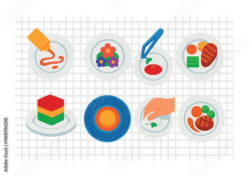 Flat vector icons of plating and food styling: sauce drizzle, edible flowers on dish, tweezers placing herb, neat food portions, layered presentation, textured plate with color contrast, final wipe