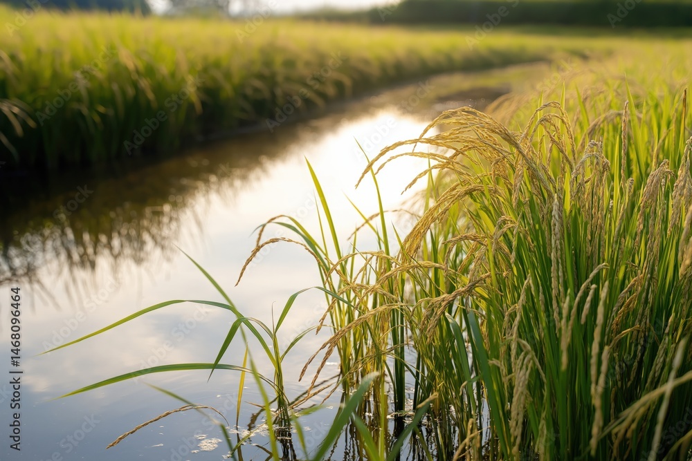 Obraz premium Lush rice paddy with water and ripening grain, great for sustainable agriculture, climate-resilient farming, or harvest season visuals. Flooded paddy field with ripening rice plants