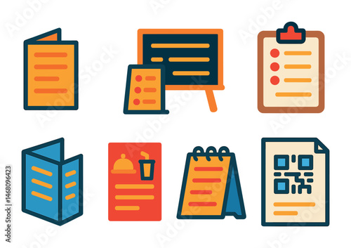 Flat vector icons of printed menu formats: folded paper menu, laminated table card, chalkboard menu, clipboard with menu sheet, trifold brochure menu, flyer with promo items, tabletop flip card,