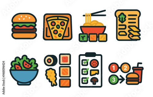 Flat vector icons of build-your-own menu options: customizable burger icon, pizza builder tray, noodle bar options, sandwich ingredient list, salad bowl selector, sushi roll builder, toppings