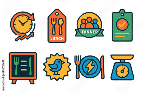 Flat vector icons of dynamic pricing and deals: time-based pricing clock, lunch deal tag, dinner pricing board, group discount label, early bird badge, reservation-only menu tag, flash sale plate,