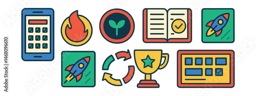 Flat vector icons of habit tracking tools: habit tracker app, daily habit streak icon, build a new habit badge, habit reflection journal, motivation boost card, habit loop diagram, reward habit