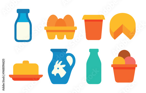 Flat vector icons of local dairy products: glass milk bottle, organic eggs in carton, yogurt cup, farmer’s cheese wheel, butter on dish, goat milk jug, kefir bottle, ice cream cup.