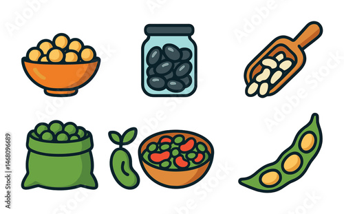 Flat vector icons of organic legumes and beans: chickpeas in bowl, red lentils, black beans jar, white beans in scoop, green peas sack, sprouted beans icon, bean salad bowl, soybean pod.
