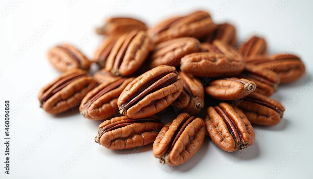 Close-up shot of shelled pecans. Pile of ripe brown pecan nuts on white background. Healthy snack, ingredient for recipes, baking, confectionery, desserts. Natural food for vegetarian, vegan diets. Close-up shot of shelled pecans. Pile of ripe brown pecan nuts on white background. Healthy snack, ingredient for recipes, baking, confectionery, desserts. Natural food for vegetarian, vegan diets.