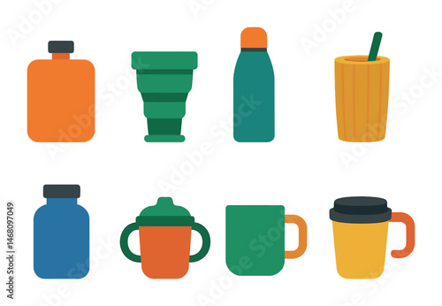 Flat vector icons of reusable drinkware for outdoors: stainless steel flask, collapsible cup, insulated bottle, drink in bamboo tumbler, glass jar with lid, eco sippy cup, picnic mug, travel cup with