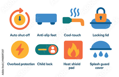 Flat vector icons of safety features in kitchen gadgets: auto shut-off symbol, anti-slip feet icon, cool-touch handle, locking lid icon, overload protection button, child lock toggle, heat shield pad
