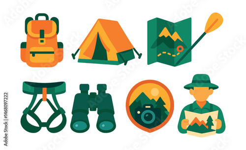 Flat vector icons of outdoor adventure hobbies: hiking backpack icon, camping tent setup, kayaking paddle, mountain trail map, rock climbing harness, birdwatching binoculars, outdoor photography