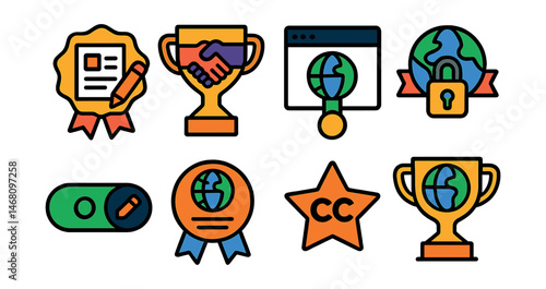 Flat vector icons of world ownership and rights: creator ownership certificate badge, builder collaboration agreement trophy, licensing info window medal, world version lock ribbon, editable rights