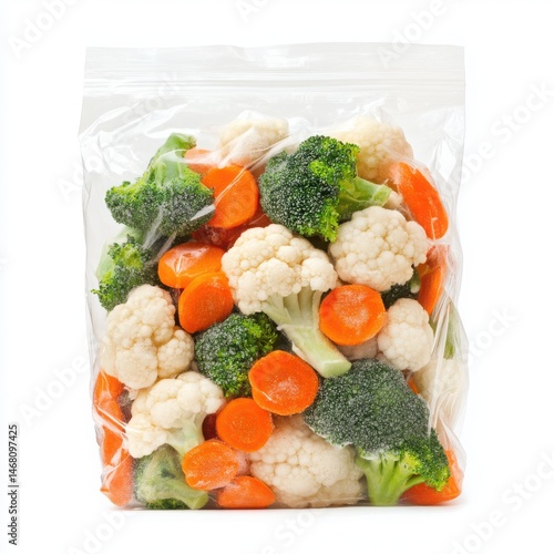 Mixed vegetables in bag displayed on a white background