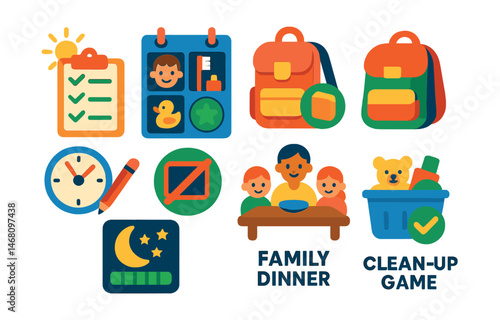 Flat vector icons of daily routines for healthy kids: morning routine checklist, bedtime routine board, school bag preparation, homework time clock, screen time limits badge, family dinner time icon,