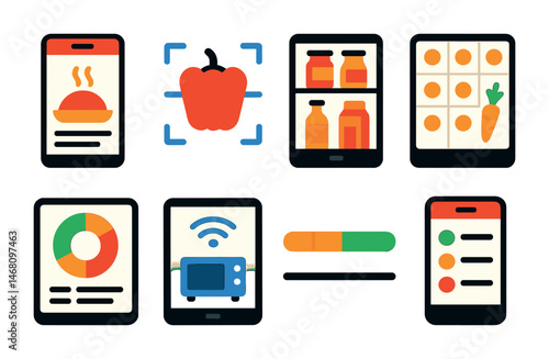 Flat vector icons of digital cooking apps and dashboards: recipe app screen, ingredient scanner icon, virtual pantry manager, weekly meal planner interface, nutrition tracker dashboard, kitchen