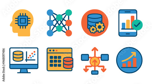 Flat vector icons of machine learning concepts: machine learning model icon, neural network layers diagram, data training process badge, supervised learning app, unsupervised learning setup,