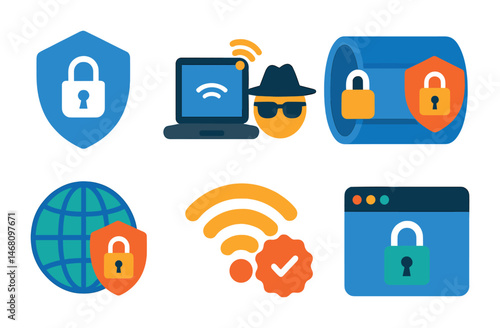 Flat vector icons of VPN and secure browsing: VPN shield app badge, private network connection icon, anonymous browsing badge, VPN tunnel protection icon, global secure connection badge, secure