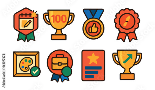 Flat vector icons of digital art achievements: daily drawing streak badge, 100 artworks milestone trophy, community pick medal, art contest finalist ribbon, style challenge completed icon, client