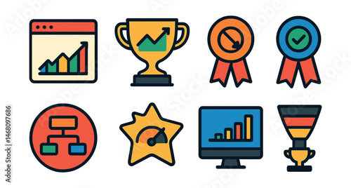 Flat vector icons of web analytics: website traffic report badge, SEO performance graph trophy, bounce rate analysis medal, conversion rate optimization ribbon, user behavior flow chart badge, page