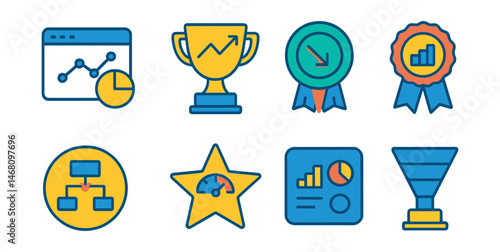 Flat vector icons of web analytics: website traffic report badge, SEO performance graph trophy, bounce rate analysis medal, conversion rate optimization ribbon, user behavior flow chart badge, page