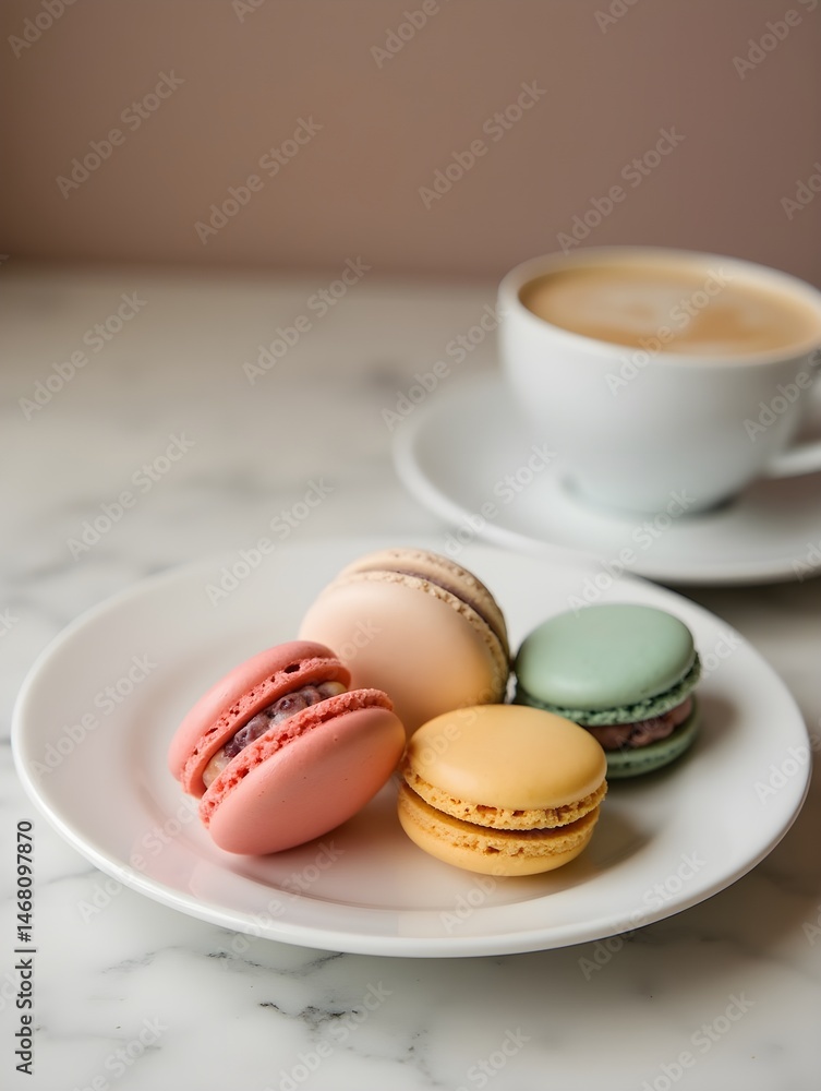 Delicious colorful macarons resting on white plate with cup of coffee in background Delicious colorful macarons resting on white plate with cup of coffee in background