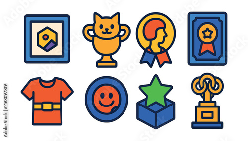 Flat vector icons of digital collectibles: NFT artwork badge, crypto pet trophy, avatar skin collectible medal, tokenized trading card ribbon, virtual fashion item icon, animated sticker set badge,