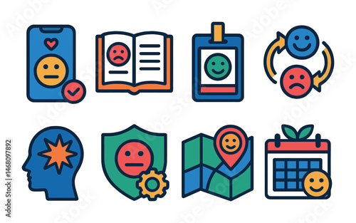Flat vector icons of emotional awareness: emotional check-in app, emotions journal tracker, feeling identification badge, mood swing tracker icon, emotional triggers analysis, emotional regulation