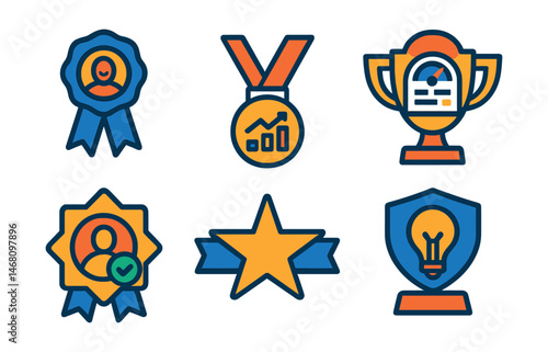 Flat vector icons of HR and workforce analytics: employee engagement survey badge, retention rate analytics medal, hiring efficiency dashboard trophy, workforce diversity analysis ribbon, talent