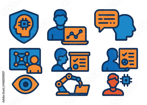 Flat vector icons of AI-related careers: AI engineer badge, machine learning specialist icon, data scientist badge, natural language processing developer badge, AI ethicist planner, computer vision