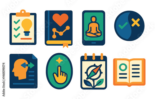 Flat vector icons of mindful decision-making: decision clarity checklist, value-driven decision planner, mindful decision meditation app, pros and cons list badge, reflective decision-making guide,