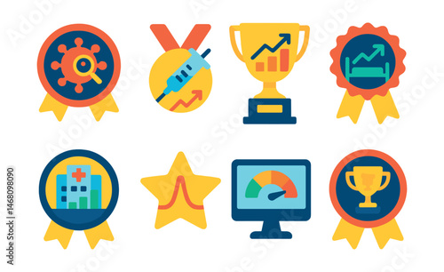 Flat vector icons of health and epidemic forecasts: virus spread prediction badge, vaccination rollout forecast medal, epidemic risk graph trophy, patient recovery trend ribbon, hospital capacity